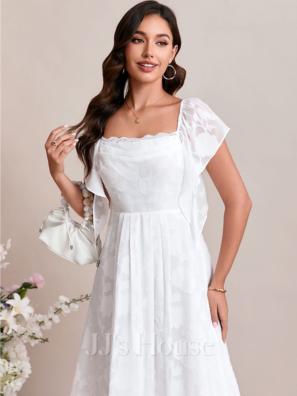 JJ's House White Floral Lace Maxi Dress with Flutter Sleeves
